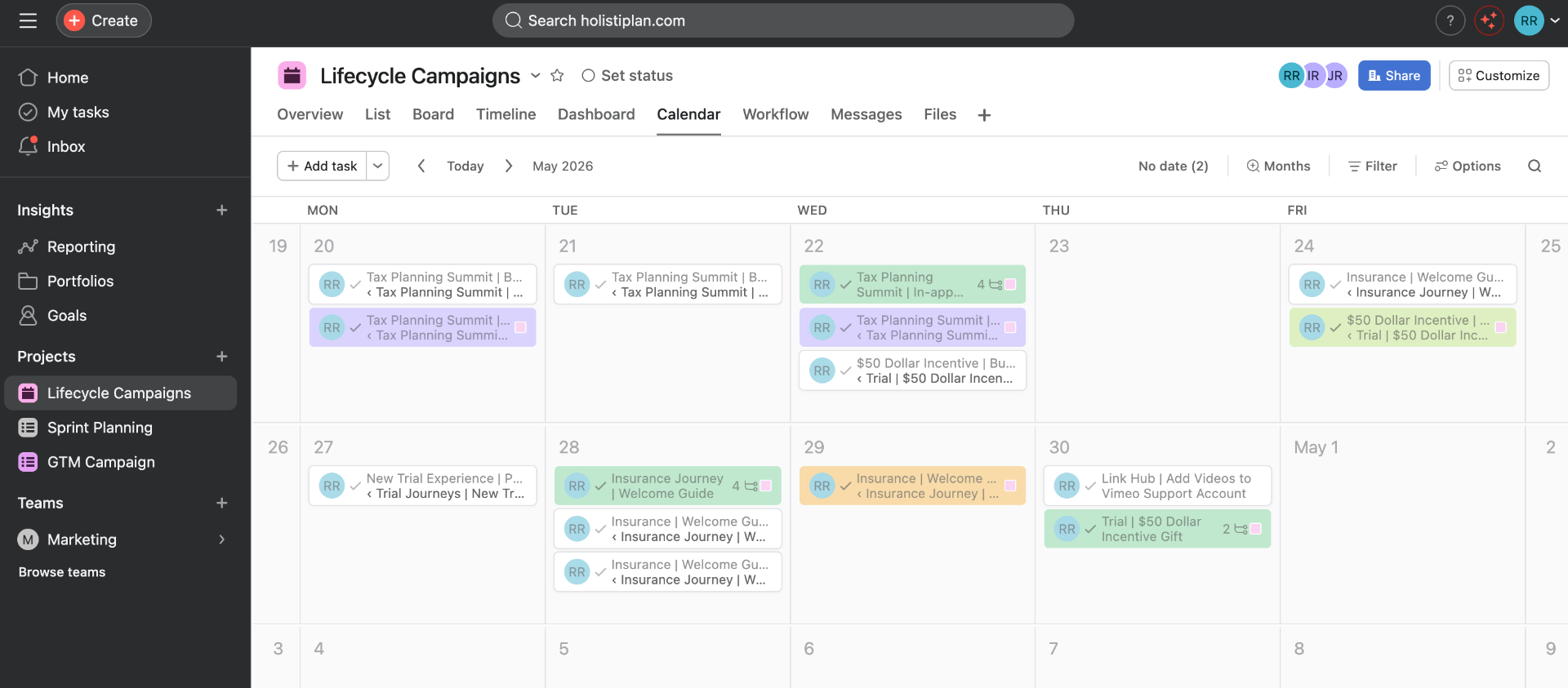 Asana Lifecycle Project — Calendar view